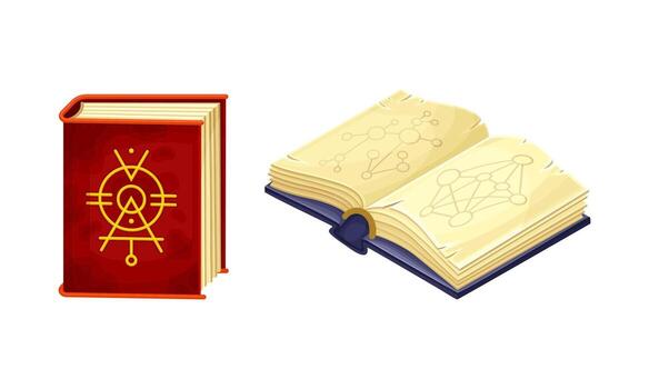 Ancient books with magic spells. Witchcraft objects set cartoon illustration vector