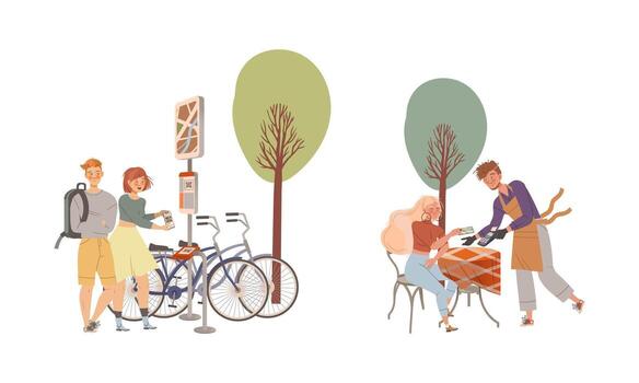 People paying by app on smartphone set. People using phone for scan qr code for renting bikes and buying at cafe illustration vector