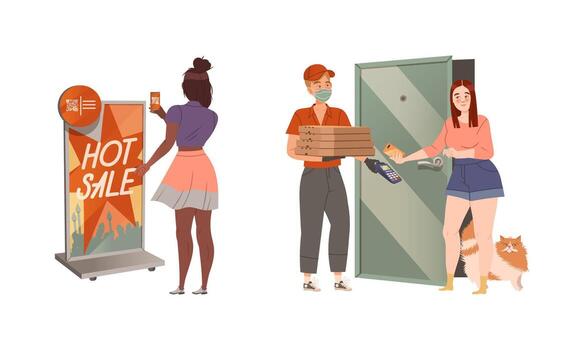 People using contactless mobile payment system at store and pizza delivery service. People paying by app on smartphone set illustration vector