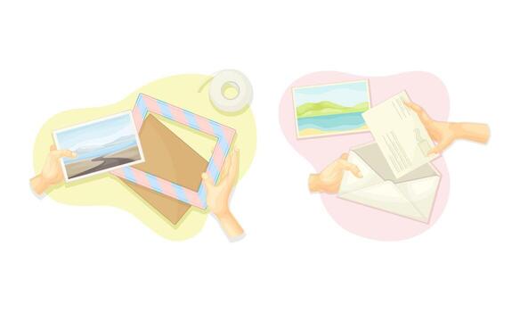 Top view of hands creating crafts set. Hands making photo frame and gift card illustration vector