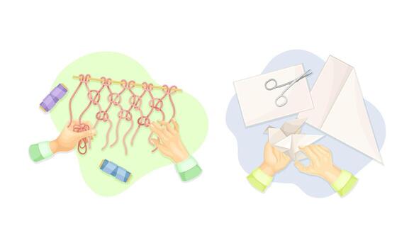 Top view of hands creating crafts set. Hands knitting macrame and making origami out of paper illustration vector