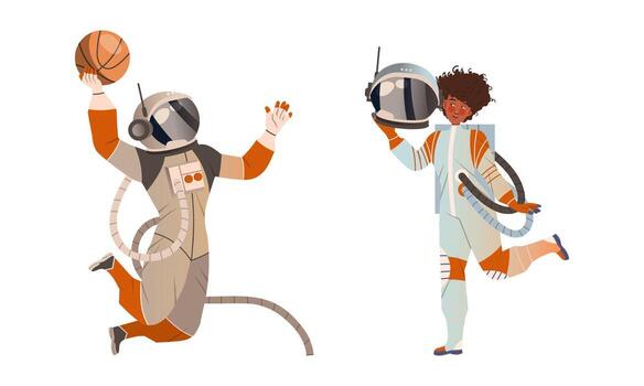 Spaceman or Astronaut Man and Woman Character in Space Suit on the Moon Playing Basketball and Posing with Helmet Set vector