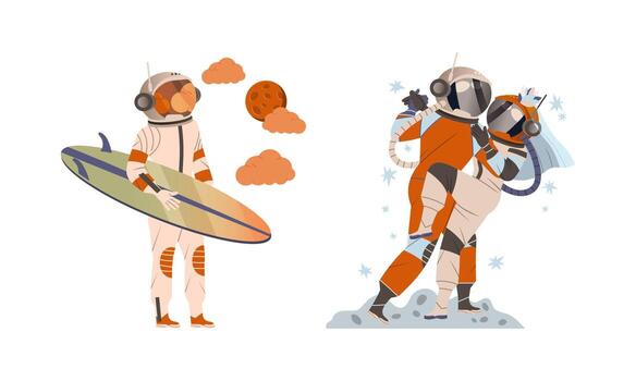 Spaceman or Astronaut Man Character in Space Suit on the Moon Dancing and Standing with Surfboard Set vector