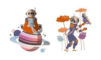 astronauta o astronauta hombre personaje en espacio traje en el Luna acecho flora y meditando sentado en loto actitud conjunto vector