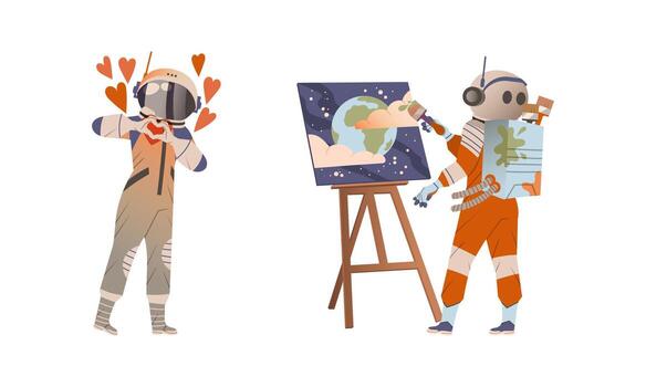 Spaceman or Astronaut Man Character in Space Suit Showing Heart Gesture and Painting Picture with Drawing Easel Set vector