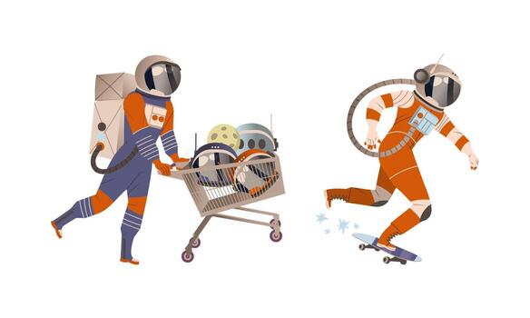 Spaceman or Astronaut Man Character in Space Suit Pushing Shopping Cart with Helmet and Skateboarding Set vector