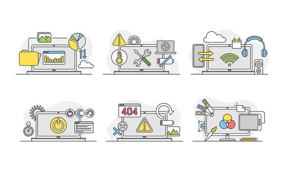 Laptop customization set. Repair, maintenance, restore and configuration concept illustration vector