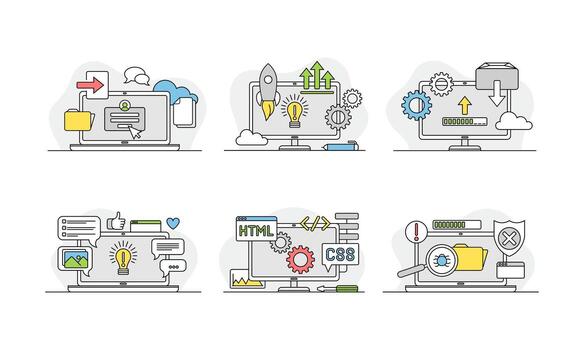 Laptop customization and repair set. Computer maintenance service, security, technical support concept illustration vector