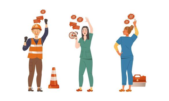 People of different professions protesting, discussing social issues and shouting with megaphone illustration vector