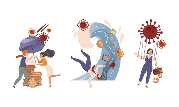 coronavirus brote y financiero crisis con personas personaje ahogo en marea ola, debajo paraguas proteger dinero y con virus tracción instrumentos de cuerda conjunto vector