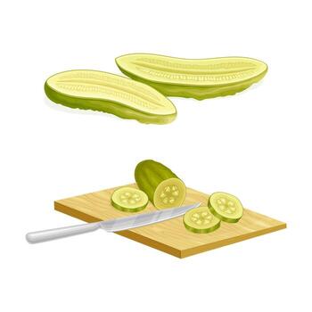Sliced Pickled Cucumber or Gherkin with Salted Taste on Cutting Board with Knife Set vector