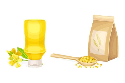 Mustard Paste or Sauce in Yellow Plastic Bottle and Grain in Paper Package Set vector