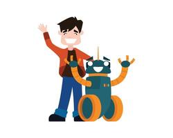 a Boy and Robot Greeting with Happy Expression Illustration vector
