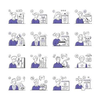 Hand drawn illustrations set of ecommerce shopping scenarios, from browsing and purchasing to delivery and customer service. vector