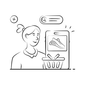 Hand drawn illustration of a customer adding products to cart. vector