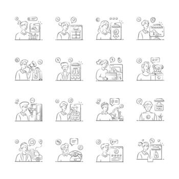 Hand drawn illustrations set of ecommerce shopping scenarios, from browsing and purchasing to delivery and customer service vector