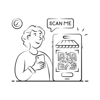ilustración de un persona utilizando un teléfono inteligente a escanear un qr código. vector