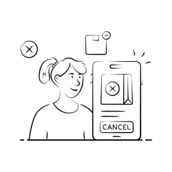 A woman is depicted looking at a smartphone displaying an order cancellation confirmation screen.. vector