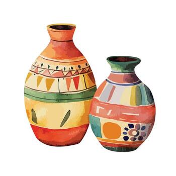 dos únicamente estampado loza de barro floreros con vistoso geométrico diseños vector