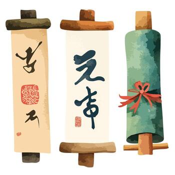 Tres únicamente diseñado chino rollos con caligrafía y un decorativo cinta vector