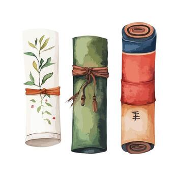 Tres únicamente texturizado rollos con botánico y caligráfico detalles vector