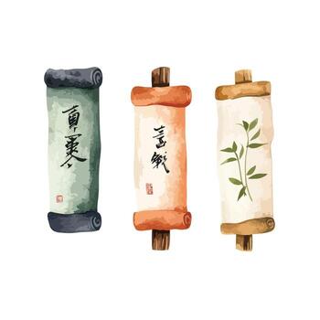 Three Rolled Scrolls with Calligraphy and Bamboo Watercolor Style Illustration vector