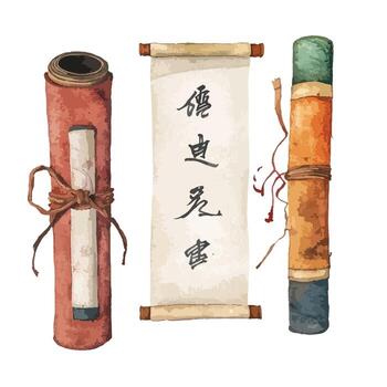 Three Detailed Rolled Scrolls with Chinese Calligraphy and Unique Textures vector