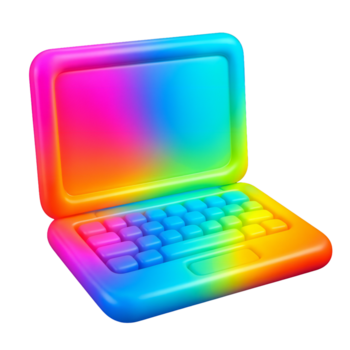 un' 3d reso Aperto il computer portatile con un' vivace arcobaleno pendenza su suo involucro e chiavi png