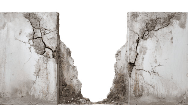 rachado concreto estrutura com uma ampla em forma de v Gap = Vão e rude textura isolado em uma transparente fundo png