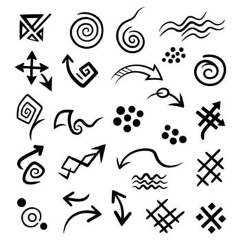 un conjunto de varios dibujado a mano, incompleto flechas, espirales, y simbolos Perfecto para garabatear y gráfico diseño elementos vector