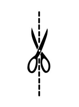 An icon of scissors with dotted cutting line representing editing, craft, sewing, and cut out symbol suitable for graphic and digital design vector