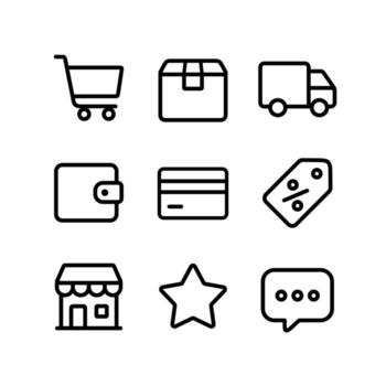 comercio electrónico icono conjunto - 9 9 contorno compras y contorno Tienda íconos en mínimo estilo vector