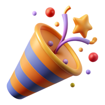 festivo 3d rendere di un' festa bottone automatico che esplode con colorato coriandoli e stelle, festeggiare gioioso occasioni png