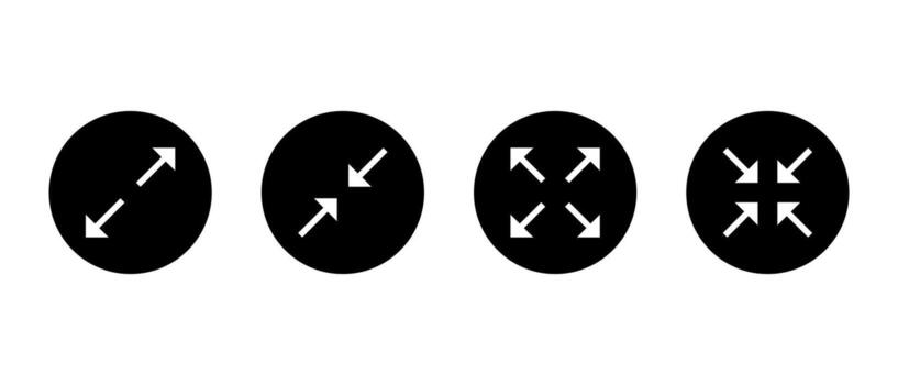 Expand and collapse arrow icon set. Full screen and Exit fullscreen symbol in black circle vector