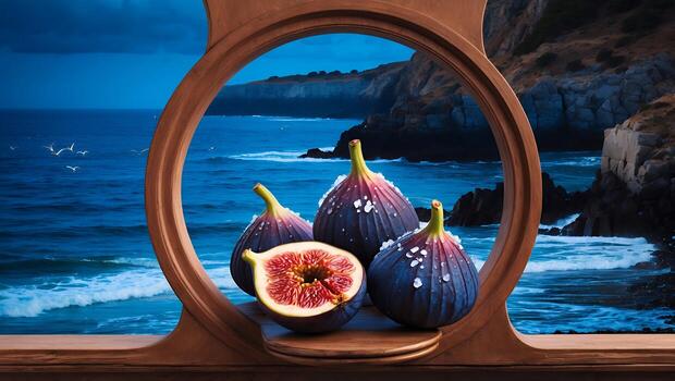 Figs by the Ocean Framed in Wood Enjoying Peaceful Seaside View photo