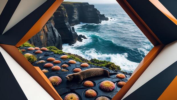 Otter Resting Near Ocean Cliffs Framed by Geometric Shapes photo