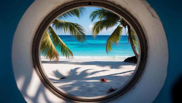 Beach View Through Circular Window with Palm Trees and Crabs photo