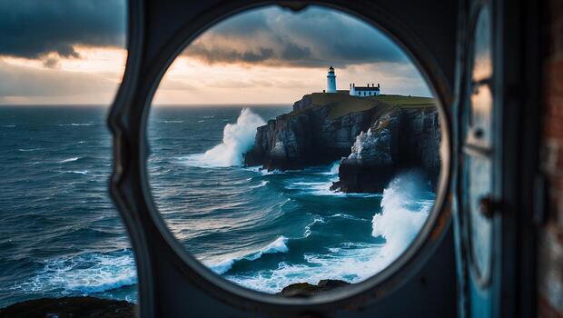 Dramatic Coastline Lighthouse View Through Round Window with Crashing Waves photo