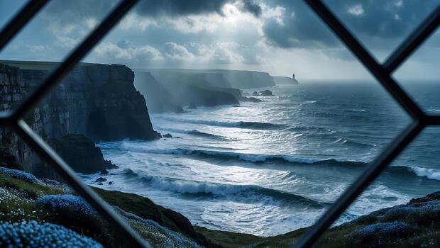 Ocean View Through a Window with Rugged Cliffs and Breaking Waves photo