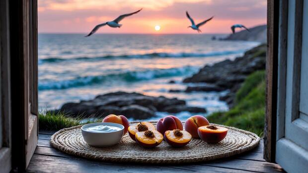 Peaches and Yogurt by the Ocean at Sunset in Open Window photo