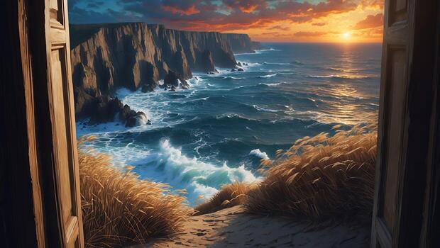 Ocean View From Open Window at Sunset with Cliff Coastline photo