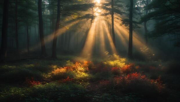 Sunlight Streaming Through Forest Trees Illuminating Plants on the Ground photo
