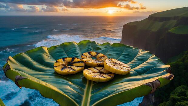 Grilled Pineapple Slices on Leaf Against Ocean Cliff Sunset Scenery photo