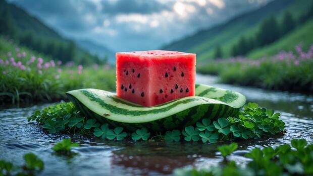 Cube Watermelon Floating on River in Meadow with Mountain Backdrop photo