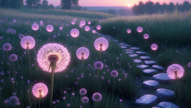 Walking Path Through Meadow with Dandelion Flowers During Sunset photo