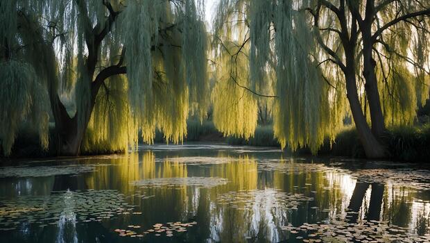 Willow Trees Reflecting in Calm Pond Water with Lily Pads photo