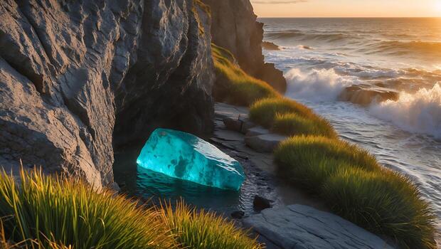 Glowing Ice Block on Shoreline with Ocean Waves at Sunset photo