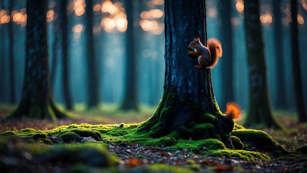 Squirrel Climbing Tree Trunk in Forest with Mossy Ground photo