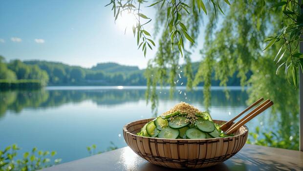 Cucumber Salad with Sesame Seeds in Natural Setting by the Lake photo