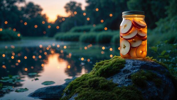 Glass Jar with Apple Slices on Mossy Rock by a Pond at Dusk photo